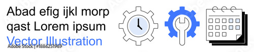 Time management, productivity, planning tools, workflow efficiency, scheduling, organization. A clock inside a gear, a wrench gear and a calendar. Time management and productivity concepts