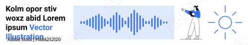 Blue audio waveform centered, person in casual attire gesturing right, minimal sun icon, clean design. Ideal for sound technology, education, promotion, creativity, guidance energy simple landing