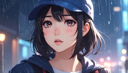A young girl with a hat and hoodie standing in the rain