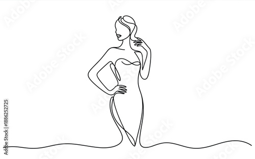 Stylish Continuous Line Art Drawing of a Woman in an Elegant Dress