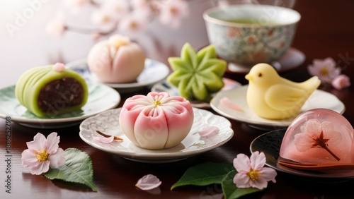 Wallpaper Mural Various Japanese sweets and flowers on a wooden table. Torontodigital.ca