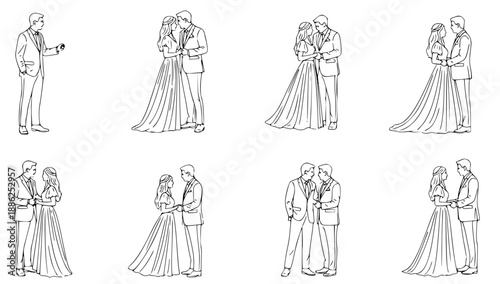Elegant line art illustrations depicting various loving couples exchanging vows and celebrating their wedding day, showcasing diversity in relationships and the joy of matrimony