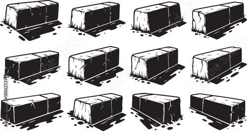Collection of black and white illustration boxes in various positions