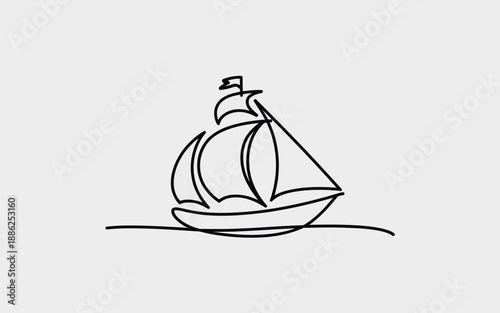 Single line art illustration of a classic sailing ship at sea