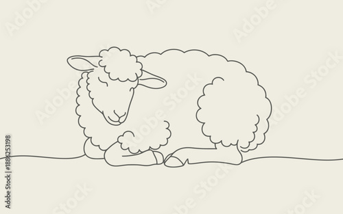 Single line art illustration of a domestic sheep resting