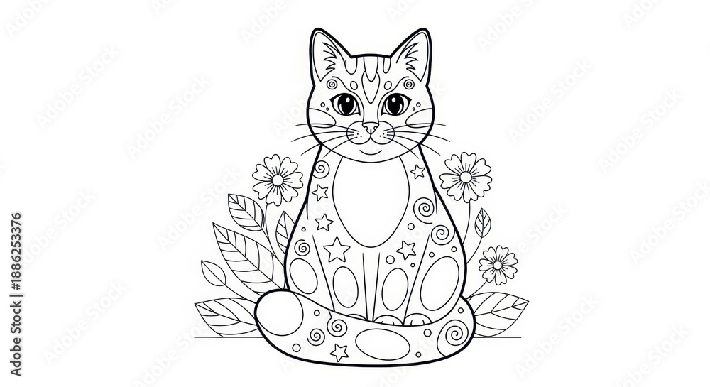 Obraz premium Detailed Cat Coloring Page with Floral Background for Relaxation.