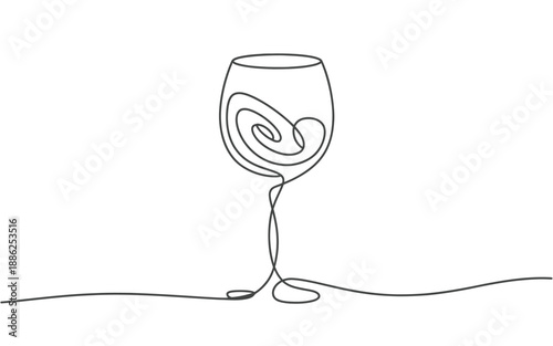 Continuous line drawing of a wine glass with swirling liquid vector art