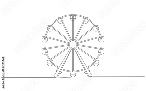 Minimalist grey outline drawing of a Ferris wheel on a white background, a simple illustration representing amusement and joy.