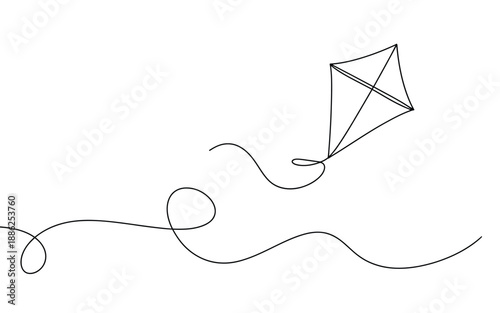 Continuous line art drawing of a kite with a swirling tail in black outline, symbolizing joy and outdoor activity on a clean background.