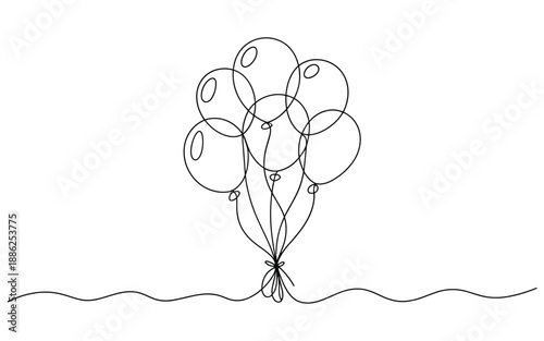 Continuous line illustration of a cluster of balloons tethered together, drawn in black outline over a wavy line, signifying parties and good times.