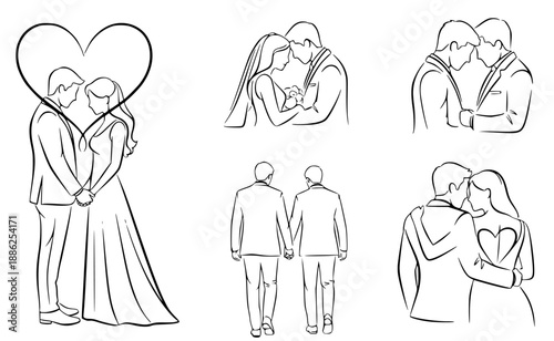 Elegant line art collection depicting diverse couples in love, celebrating romance, commitment, and togetherness through intimate embraces and wedding scenes