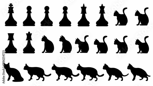 A vector graphic illustration of black silhouettes of chess pieces and cats on a white background