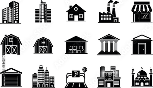 Professional building and architectural vector icon set featuring skyscraper house factory shop barn and bank symbols