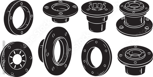 Industrial metal flange components and fittings in black outline