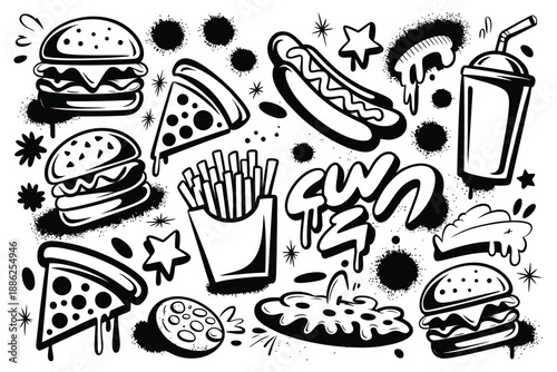 Fast food doodles, graffiti style black and white illustration featuring burgers, soda, pizza, street art snack icons.