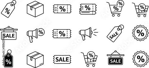 Shopping and discount icons, sale symbols, coupon design, price tag, megaphone, shopping cart, black vector set, retail promotion, marketing tools