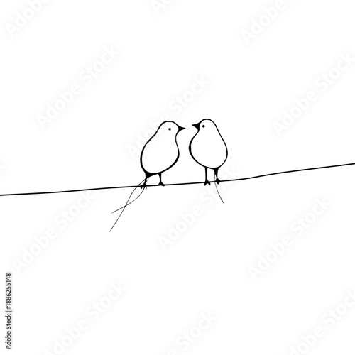 Two simple birds sitting on a wire in black and white minimalist art style vector illustration design