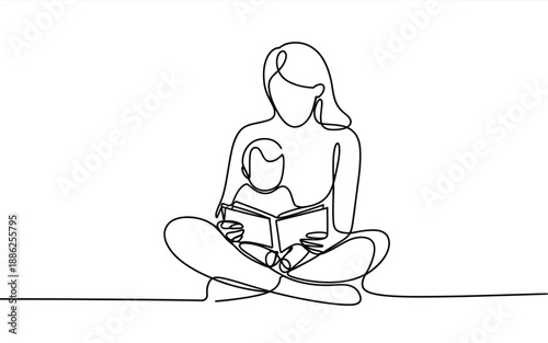 Continuous line drawing of a mother sitting cross legged and reading a book to her baby, minimalist family bonding illustration