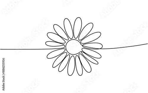 Minimalist one line drawing of a daisy flower head on a horizontal horizon line