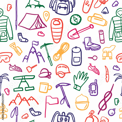 Vector pattern from a collection of colorful hand-drawn images of climbing equipment in doodle style