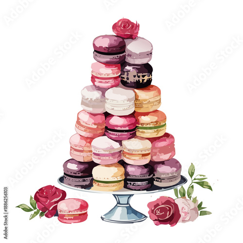Valentines Watercolor Macaron Tower – Romantic French Dessert Illustration