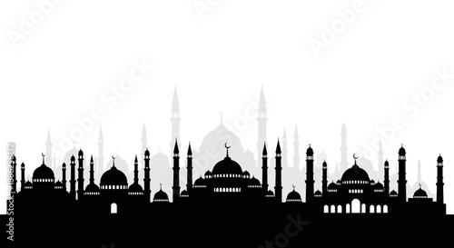 Vector illustration of mosque silhouettes with minarets and domes on a white background, representing Islamic architecture in Indonesia during lebaran ied mubarak and ramadan kareem