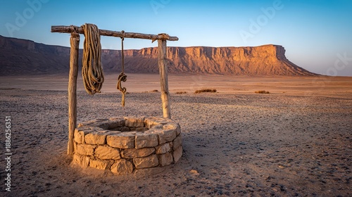 windlass. Ancient stone well with wooden windlass in a desert landscape at golden hour. travel magazines, destination branding, designed for travel destination branding, used by marketing managers.