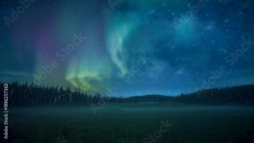 Cinematic digital art of swirling celestial lights in hues of emerald and violet arching over a rugged, ice-bound mountain range 4K.