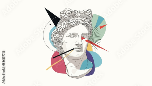 Surreal ancient sculpture head with abstract geometric shapes and vibrant colors.