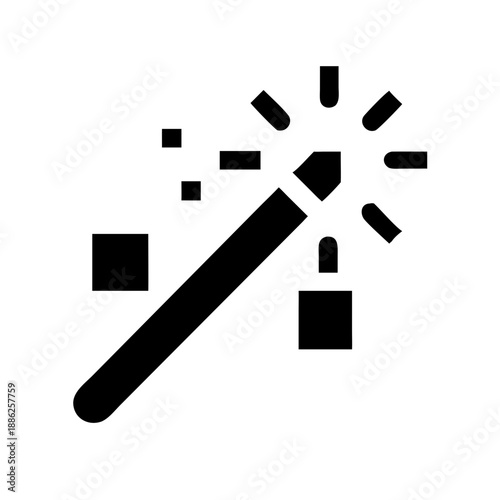 AI content creation magic wand icon, pixel sparks, modern flat design for creative technology concept on white background.
