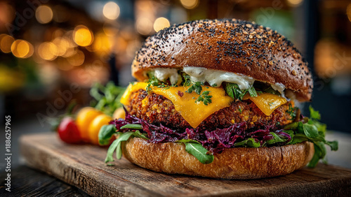 hamburger on a wooden table