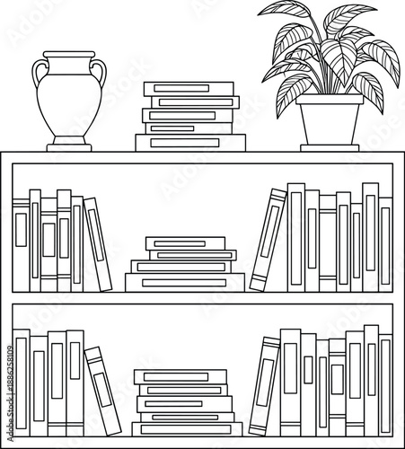 A minimalist bookshelf with books, a vase, and a potted plant on a shelf viewed from the front.