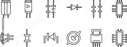 Collection of Electronic Component Symbols Illustrated in Simple Line Art Style