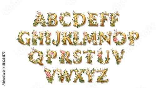 Elegant floral alphabet font with golden letters adorned with delicate flowers and leaves, perfect for whimsical designs