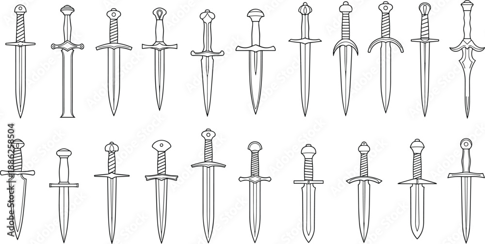 Naklejka premium Collection of various daggers and swords illustrated in a grid pattern on a plain background