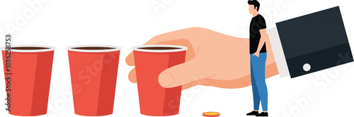 Person holding red plastic cup, standing beside three similar cups, with a black object in the background