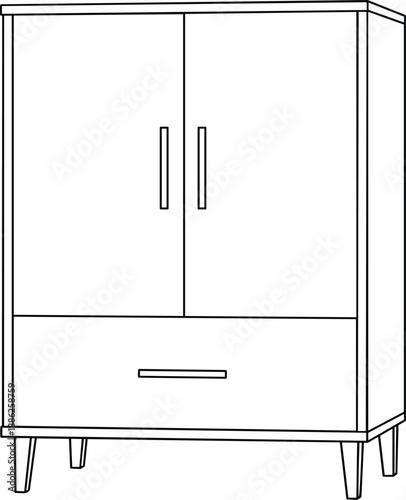 Simple line drawing of a modern cabinet with doors and drawer viewed from the front.