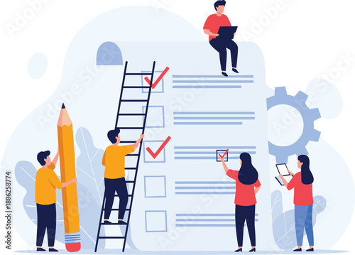 People working together on a large checklist with a giant pencil and ladder in a collaborative office environment