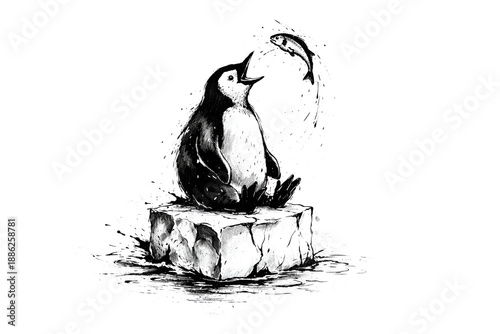 Penguin Catching Fish on Ice Cube Ink Splash Illustration