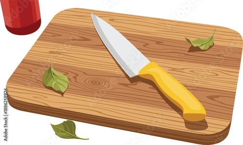 A yellow handled knife lies on a wooden cutting board surrounded by leaves