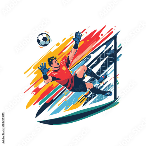 Goalkeeper diving to save soccer ball in dynamic illustration.