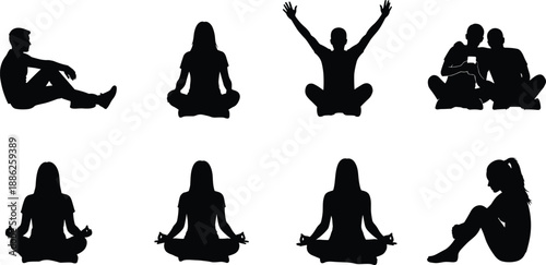 Seated pose silhouette illustration set, meditation and relaxation gestures, social and contemplative postures, cad drawing flat vector artwork, black and white