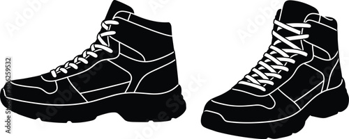 Black vector silhouette set of hiking boots isolated on white background for mountain trekking adventure gear and sport shoe shop logo branding design element