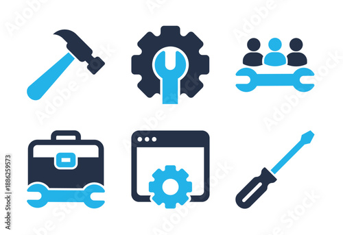 Work Tools and Technical Support icon set. Solid glyph series icons