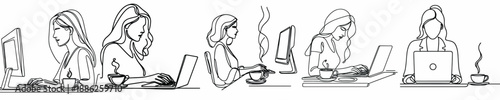 line art of awo man typing while holding a cup of coffee at a table