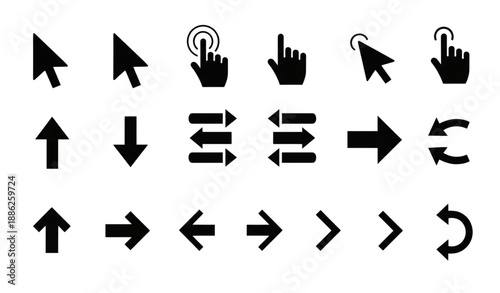 Modern black arrow and cursor icon vector set for navigation isolated on transparent background