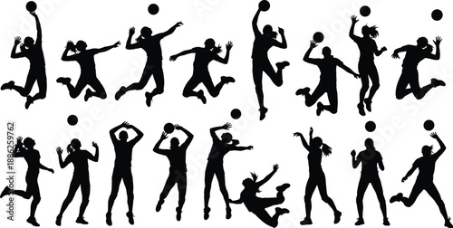 Volleyball player silhouette illustration set, dynamic action poses with ball, cad drawing flat vector artwork, black and white theme
