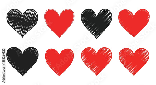 A collection of hand drawn hearts in red and black showing variation in style and texture high quality professional