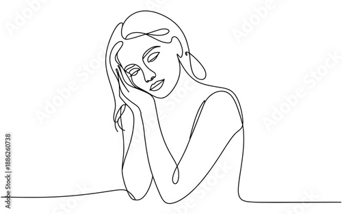 One line drawing of a beautiful woman looking down pensively