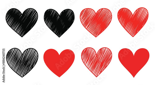 A collection of hand drawn hearts in various shades of red and black showcasing a sketched aesthetic and simple design